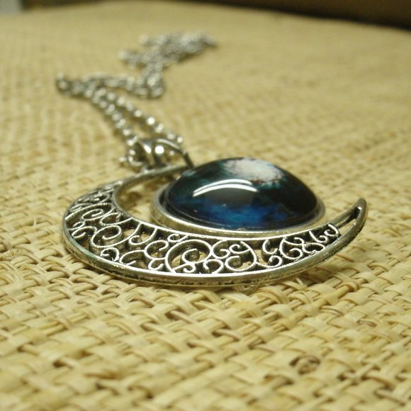 Crescent Moon with Galaxy Cabochon Dangle Necklace - Picture 6 of 13